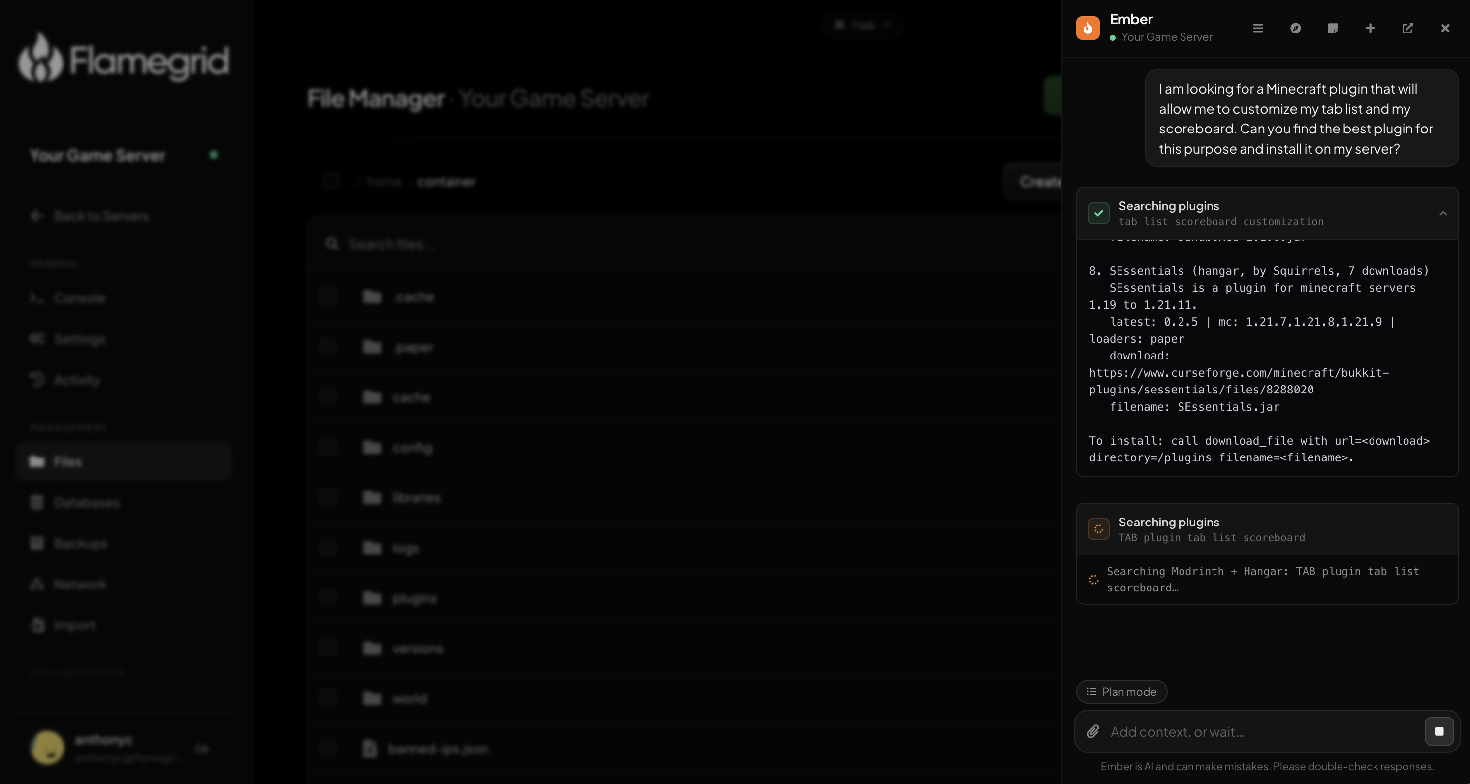 Ember, the built-in AI agent, searching for and installing plugins on a game server